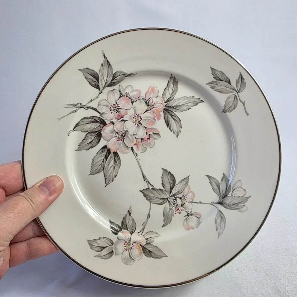 TWO Manor House Spring Glory Salad Plates Pink & White Floral Gray Leaves